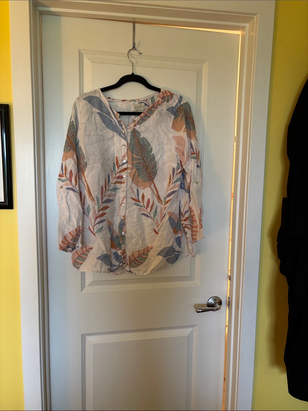 Cynthia Rowley Pastel Leaf-Print Linen Button Front Top